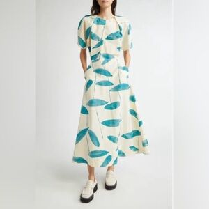 Marimekko Anatomia Paju Short Sleeve Maxi Dress with Teal Leaf Print EUC Size 12